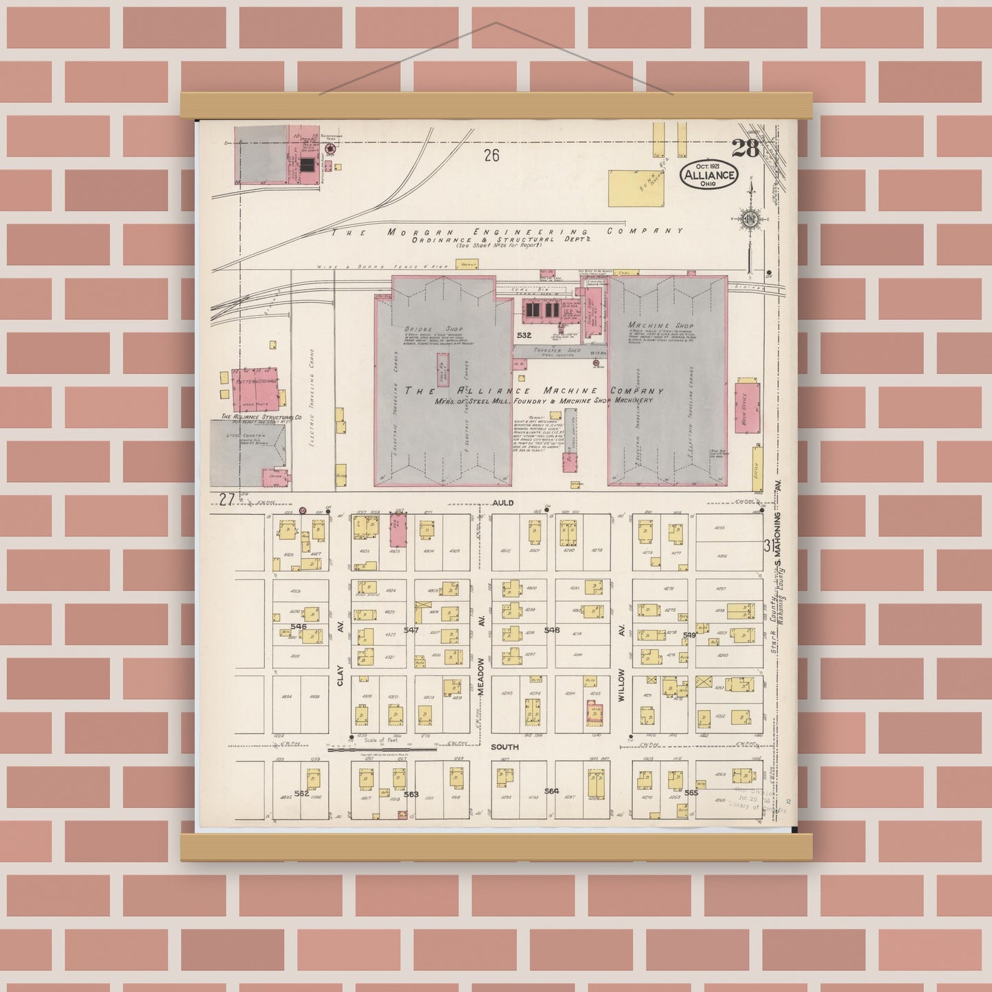 Old map wall art mockup — magnetic wood frame on brick wall — Sanborn Fire Insurance Map from Alliance, Stark County, Ohio (1921), Sheet #0028