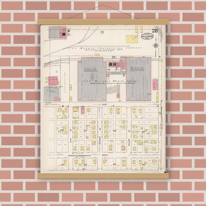 Old map wall art mockup — magnetic wood frame on brick wall — Sanborn Fire Insurance Map from Alliance, Stark County, Ohio (1921), Sheet #0028