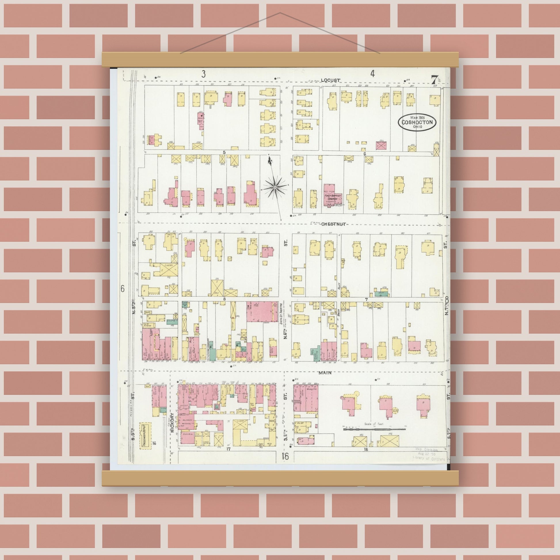 Old map wall art mockup — magnetic wood frame on brick wall — Sanborn Fire Insurance Map from Coshocton, Coshocton County, Ohio (1905), Sheet #0007
