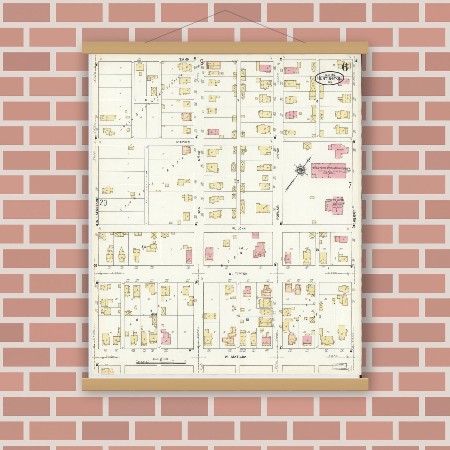 Old map wall art mockup — magnetic wood frame on brick wall — Sanborn Fire Insurance Map from Huntington, Huntington County, Indiana (1912), Sheet #0006
