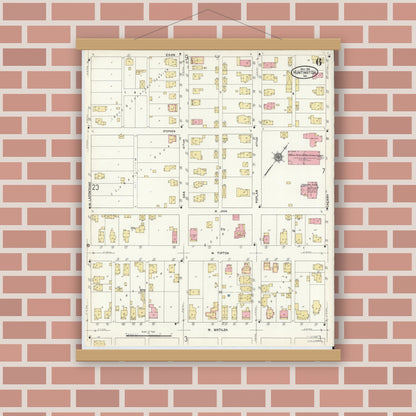 Old map wall art mockup — magnetic wood frame on brick wall — Sanborn Fire Insurance Map from Huntington, Huntington County, Indiana (1912), Sheet #0006
