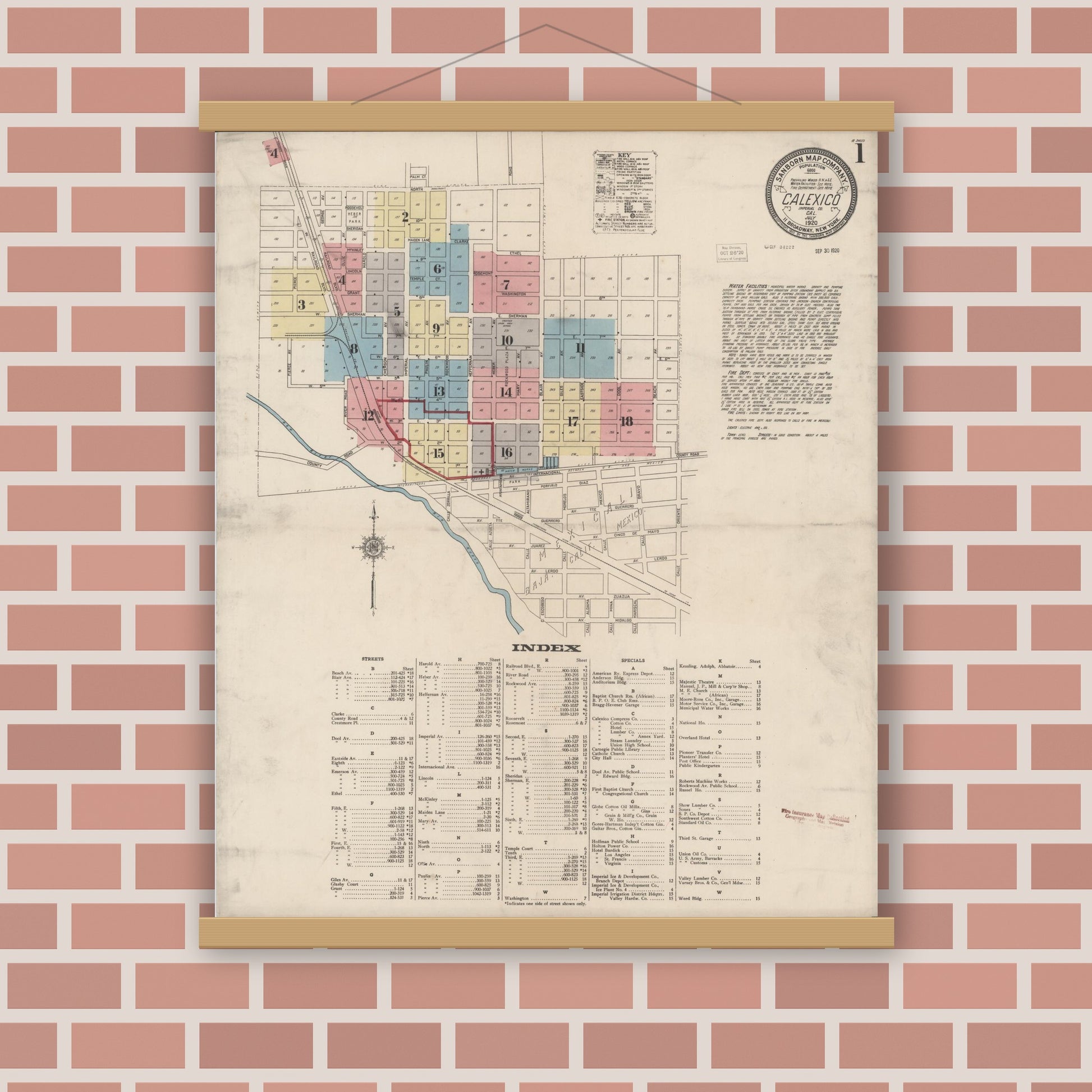 Old map wall art mockup — magnetic wood frame on brick wall — Sanborn Fire Insurance Map from Calexico, Imperial County, California (1920), Sheet #0001