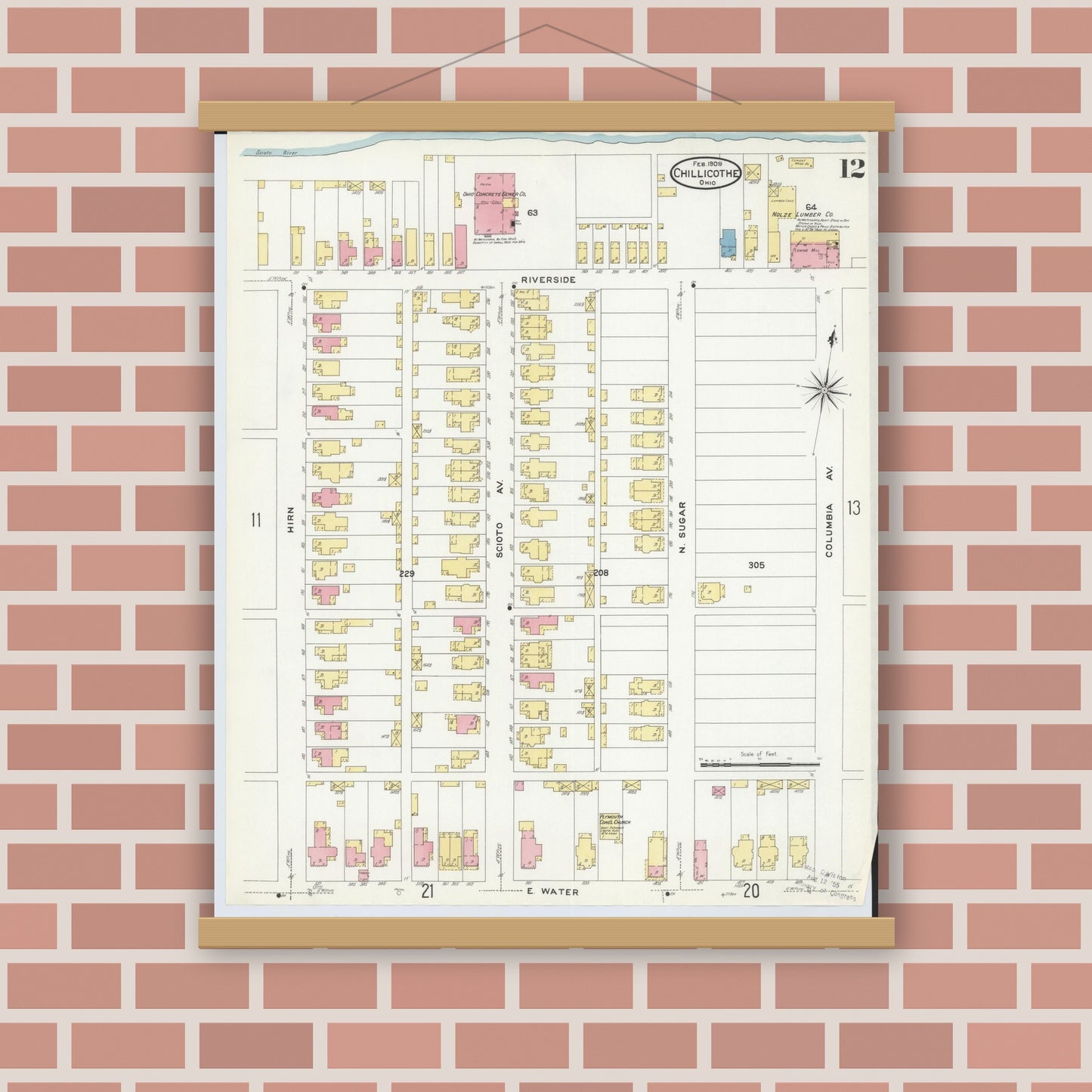 Old map wall art mockup — magnetic wood frame on brick wall — Sanborn Fire Insurance Map from Chillicothe, Ross County, Ohio (1909), Sheet #0012
