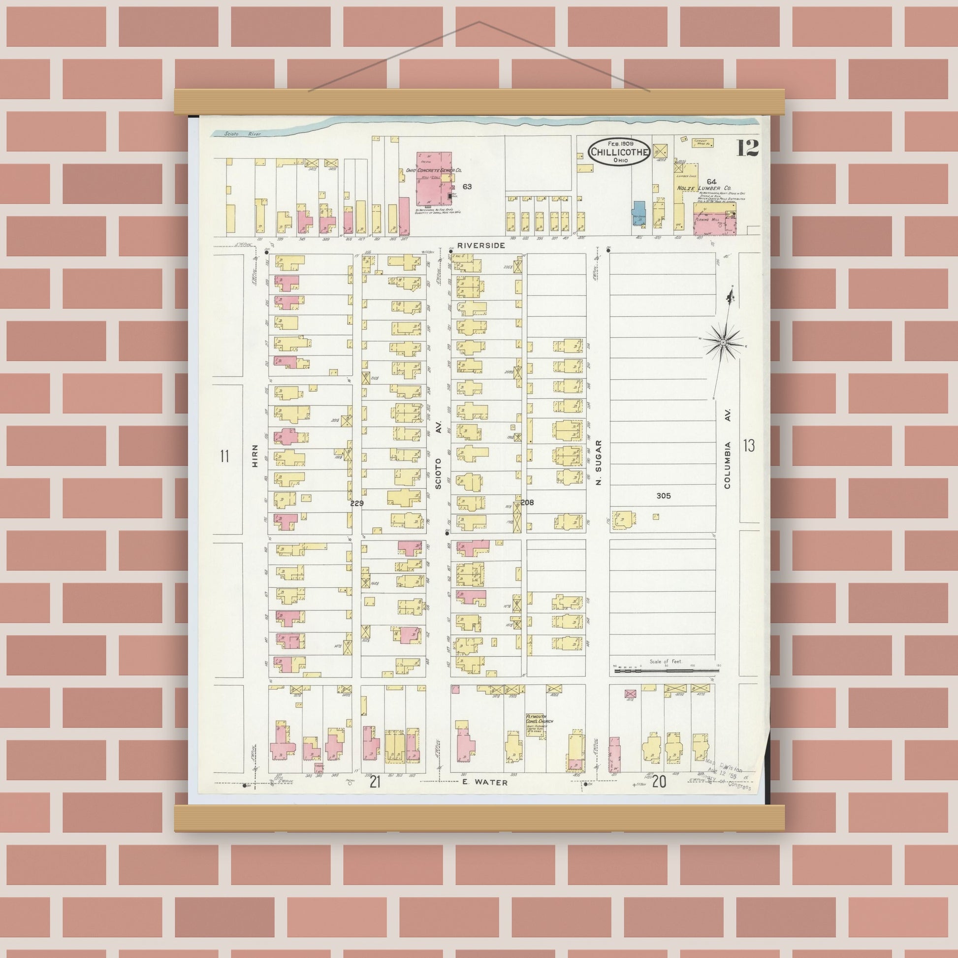 Old map wall art mockup — magnetic wood frame on brick wall — Sanborn Fire Insurance Map from Chillicothe, Ross County, Ohio (1909), Sheet #0012