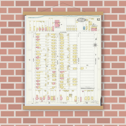 Old map wall art mockup — magnetic wood frame on brick wall — Sanborn Fire Insurance Map from Chillicothe, Ross County, Ohio (1909), Sheet #0012