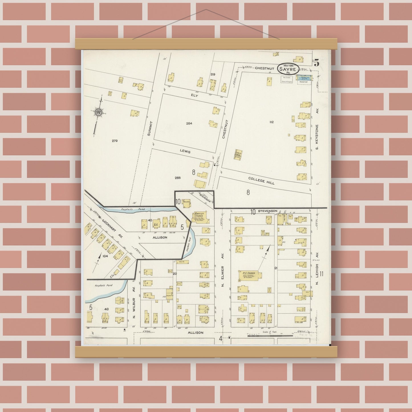 Old map wall art mockup — magnetic wood frame on brick wall — Sanborn Fire Insurance Map from Sayre, Bradford County, Pennsylvania (1915), Sheet #0005