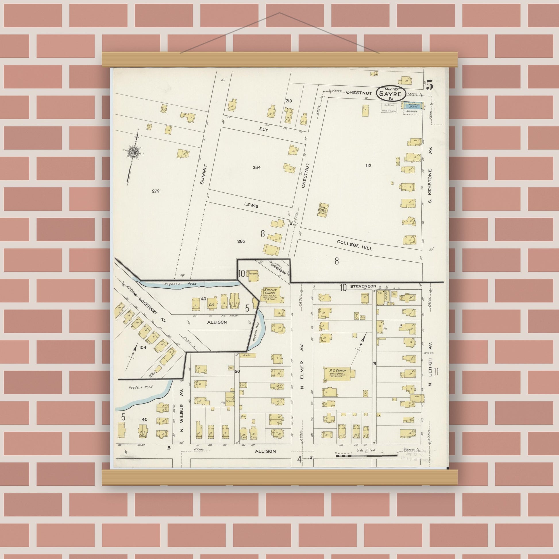 Old map wall art mockup — magnetic wood frame on brick wall — Sanborn Fire Insurance Map from Sayre, Bradford County, Pennsylvania (1915), Sheet #0005