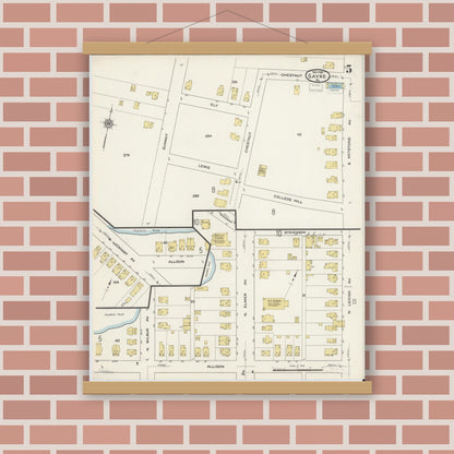 Old map wall art mockup — magnetic wood frame on brick wall — Sanborn Fire Insurance Map from Sayre, Bradford County, Pennsylvania (1915), Sheet #0005