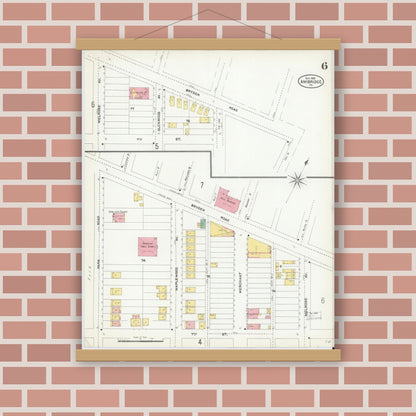 Old map wall art mockup — magnetic wood frame on brick wall — Sanborn Fire Insurance Map from Ambridge, Beaver County, Pennsylvania (1905), Sheet #0006