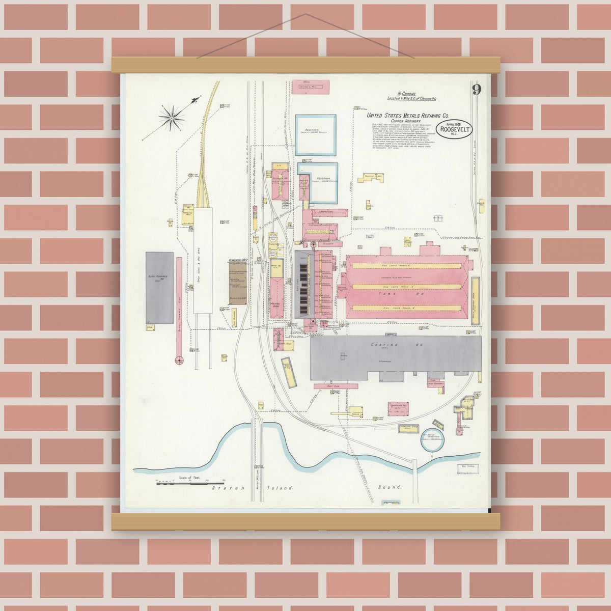 Old map wall art mockup — magnetic wood frame on brick wall — Sanborn Fire Insurance Map from Roosevelt, Middlesex County, New Jersey (1908), Sheet #0009