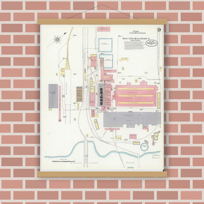 Old map wall art mockup — magnetic wood frame on brick wall — Sanborn Fire Insurance Map from Roosevelt, Middlesex County, New Jersey (1908), Sheet #0009