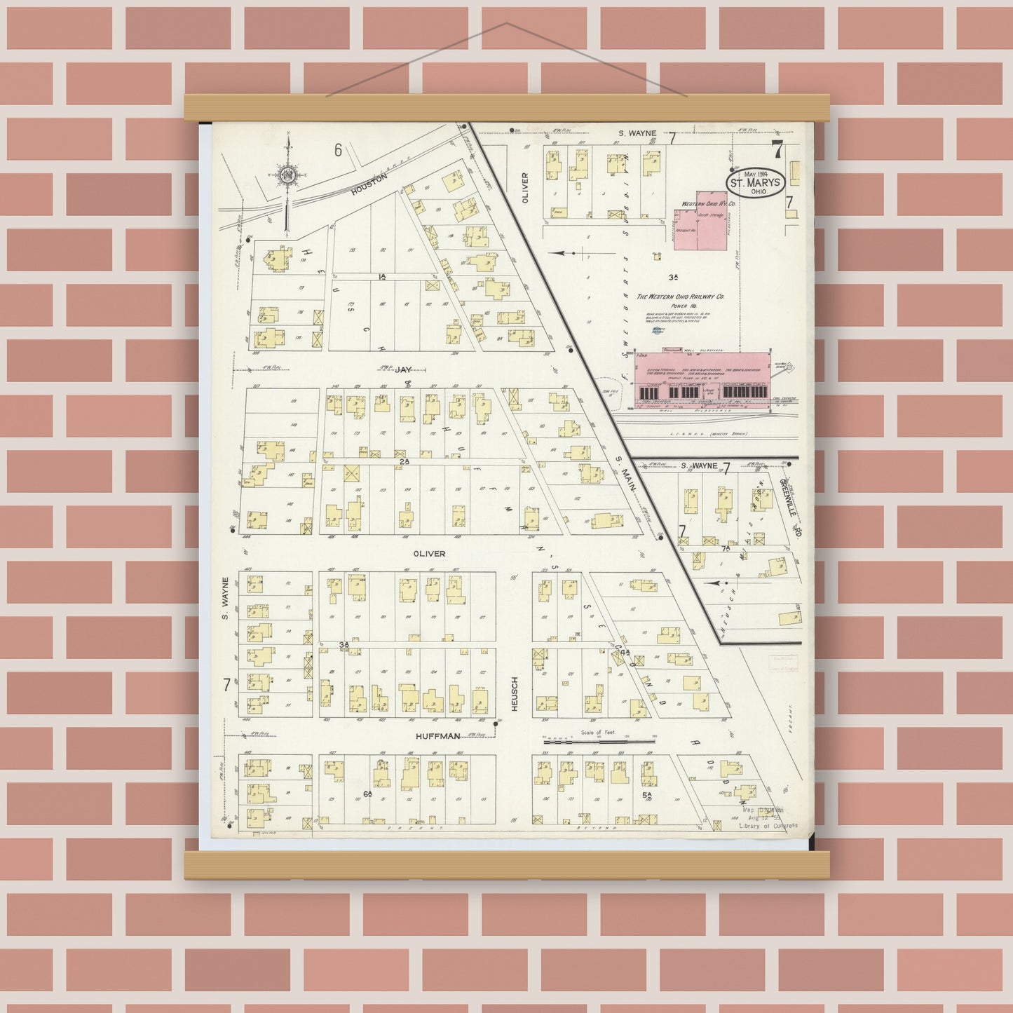 Old map wall art mockup — magnetic wood frame on brick wall — Sanborn Fire Insurance Map from Saint Marys, Auglaize County, Ohio (1914), Sheet #0007