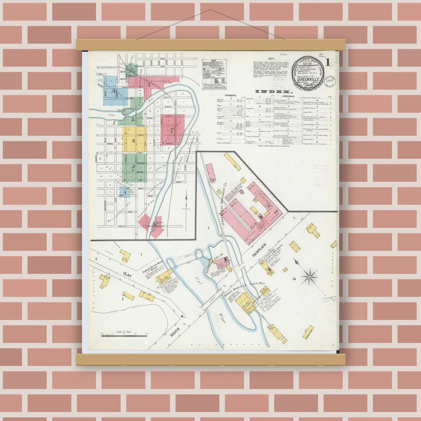 Old map wall art mockup — magnetic wood frame on brick wall — Sanborn Fire Insurance Map from Greenville, Montcalm County, Michigan (1900) - Complete Map Set