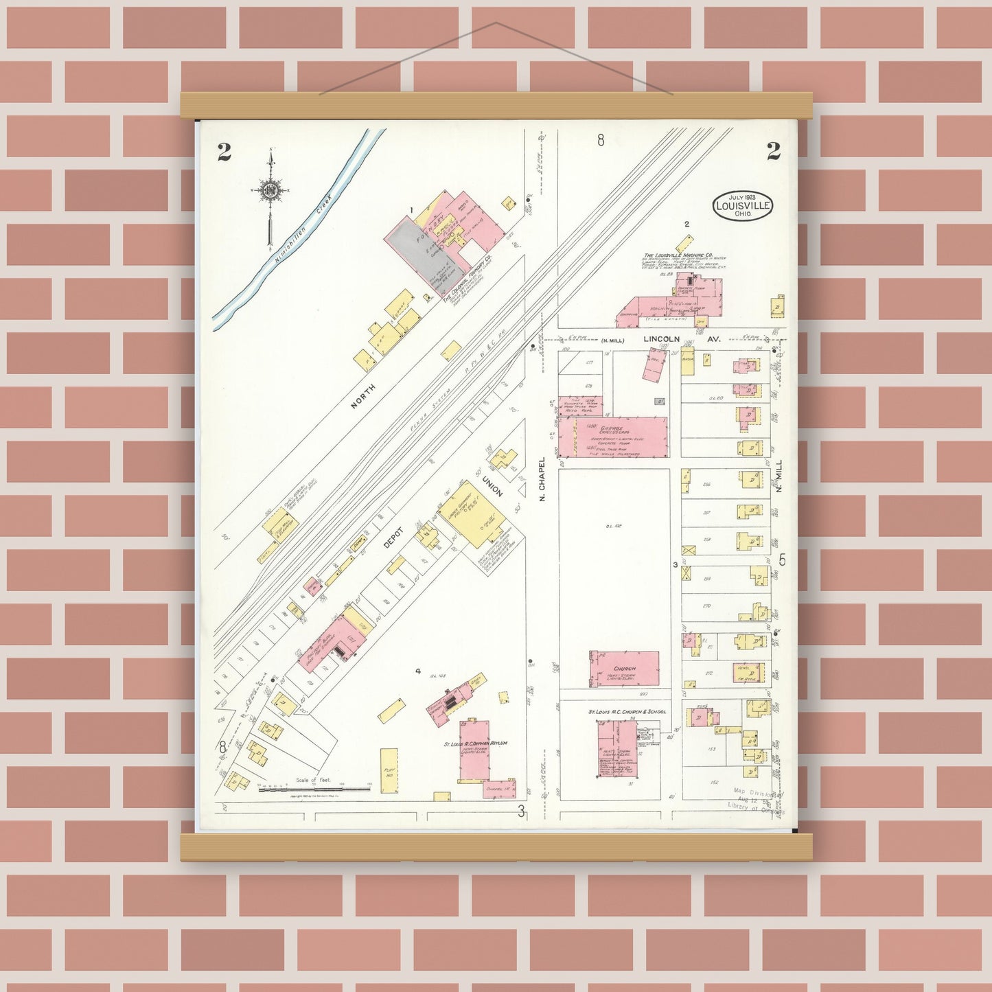 Old map wall art mockup — magnetic wood frame on brick wall — Sanborn Fire Insurance Map from Louisville, Stark County, Ohio (1923), Sheet #0002