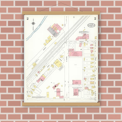Old map wall art mockup — magnetic wood frame on brick wall — Sanborn Fire Insurance Map from Louisville, Stark County, Ohio (1923), Sheet #0002