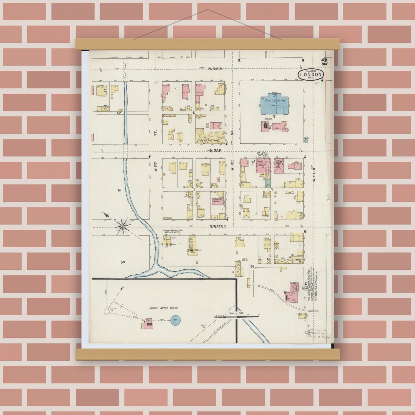 Old map wall art mockup — magnetic wood frame on brick wall — Sanborn Fire Insurance Map from London, Madison County, Ohio (1895), Sheet #0002