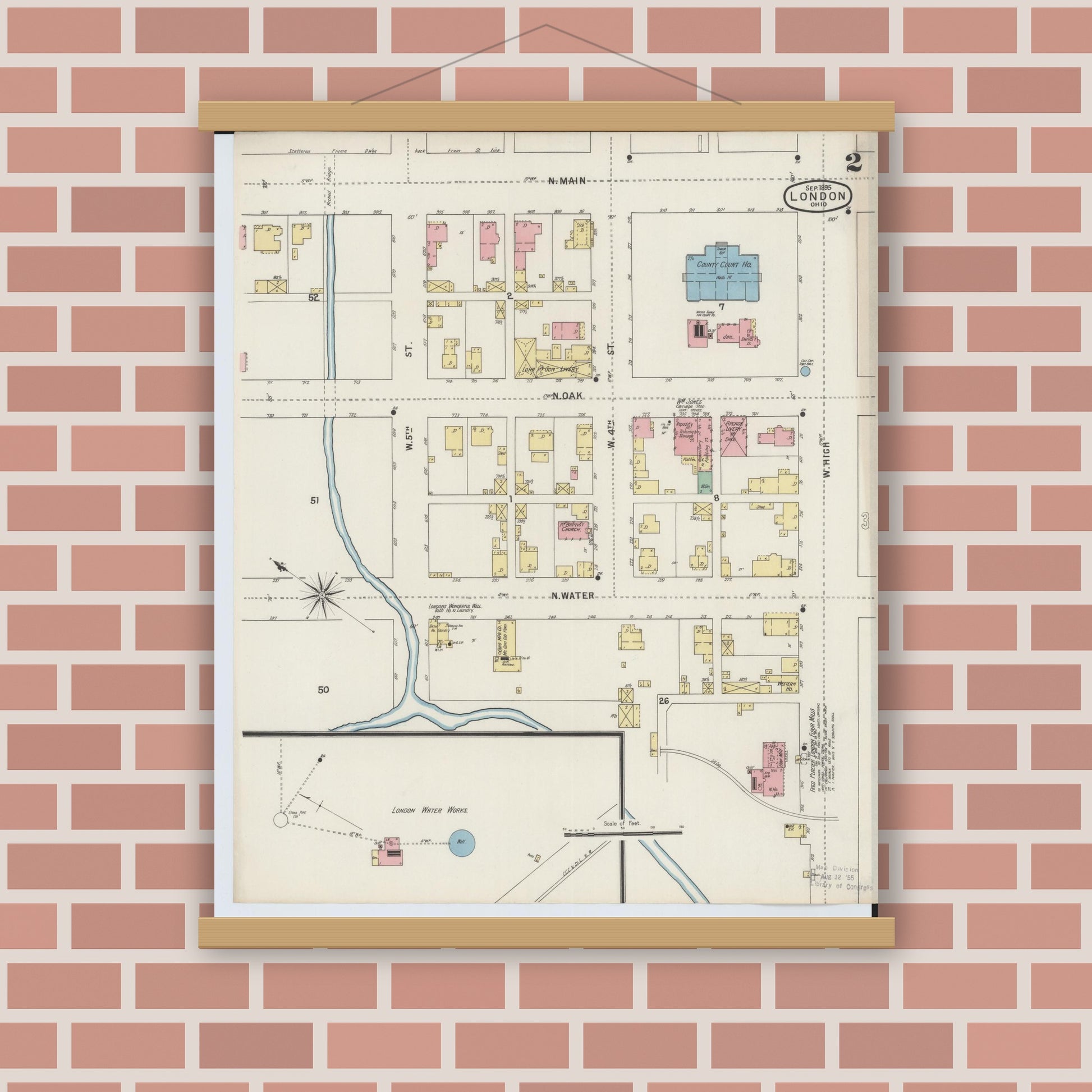 Old map wall art mockup — magnetic wood frame on brick wall — Sanborn Fire Insurance Map from London, Madison County, Ohio (1895), Sheet #0002