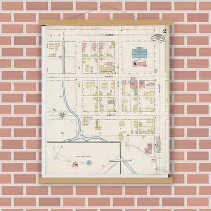 Old map wall art mockup — magnetic wood frame on brick wall — Sanborn Fire Insurance Map from London, Madison County, Ohio (1895), Sheet #0002