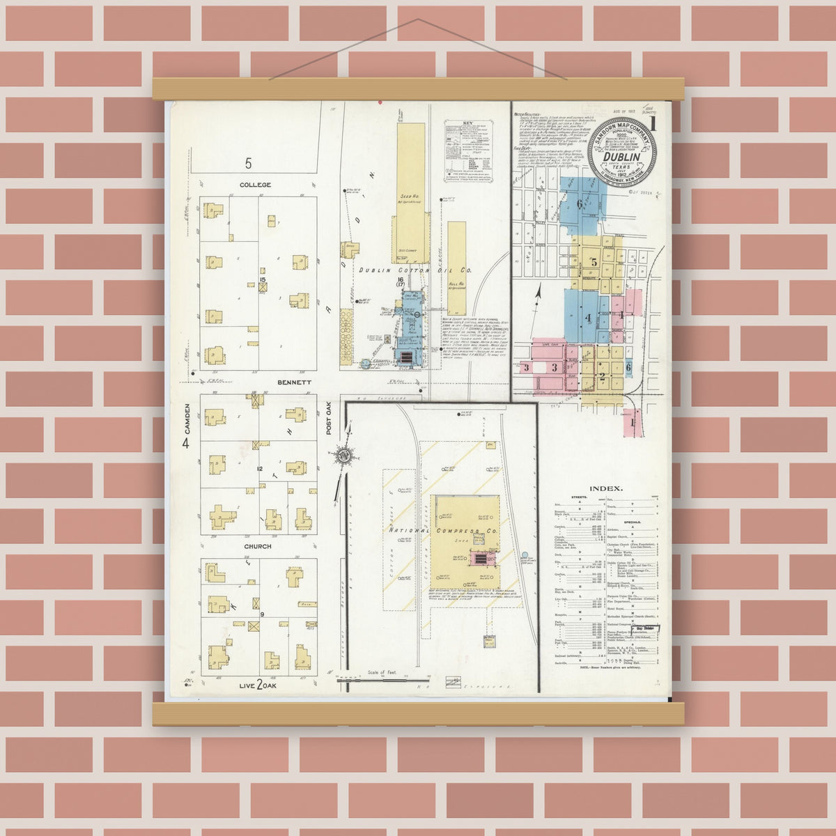 Old map wall art mockup — magnetic wood frame on brick wall — Sanborn Fire Insurance Map from Dublin, Erath County, Texas (1912) - Complete Map Set