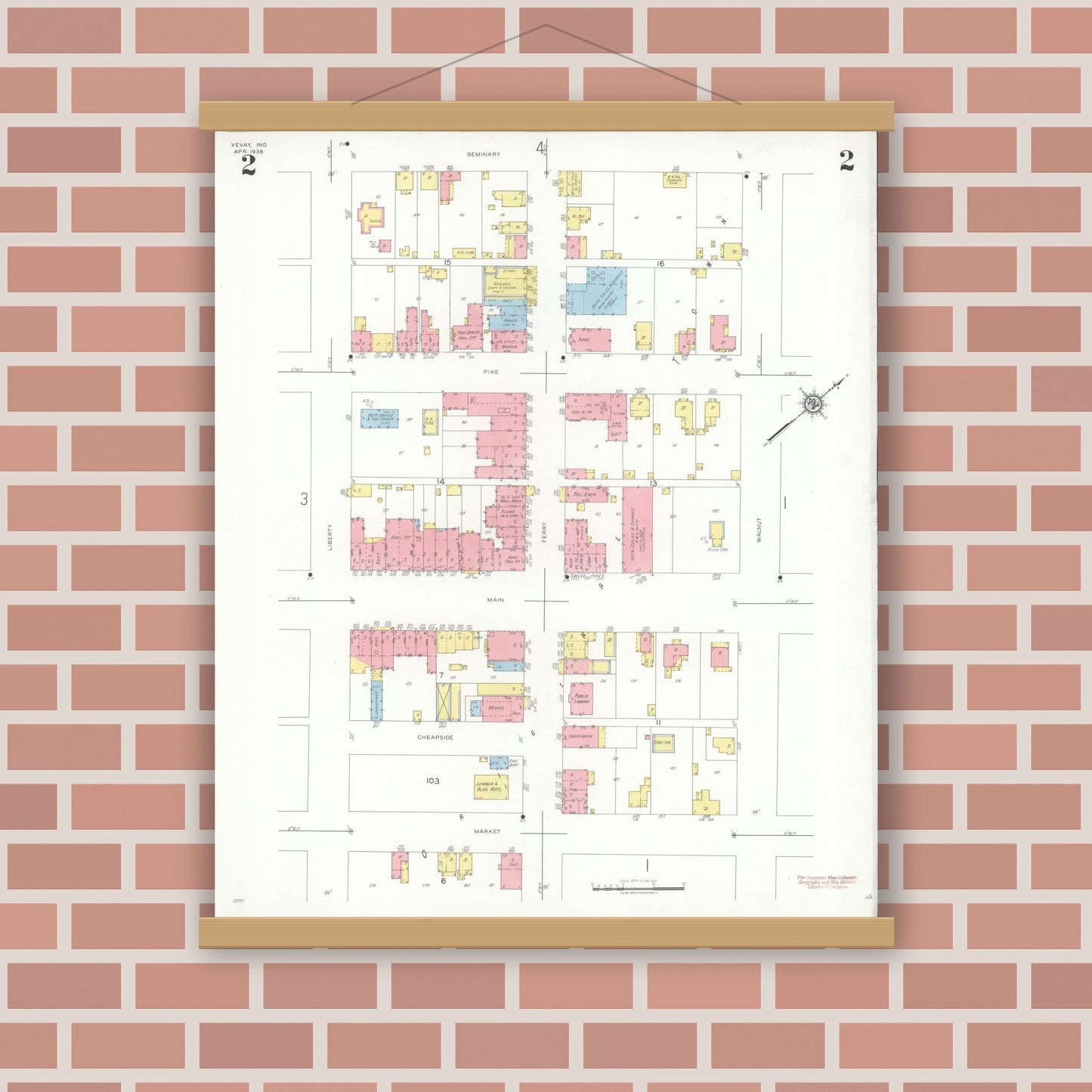 Old map wall art mockup — magnetic wood frame on brick wall — Sanborn Fire Insurance Map from Vevay, Switzerland County, Indiana (1938), Sheet #0002