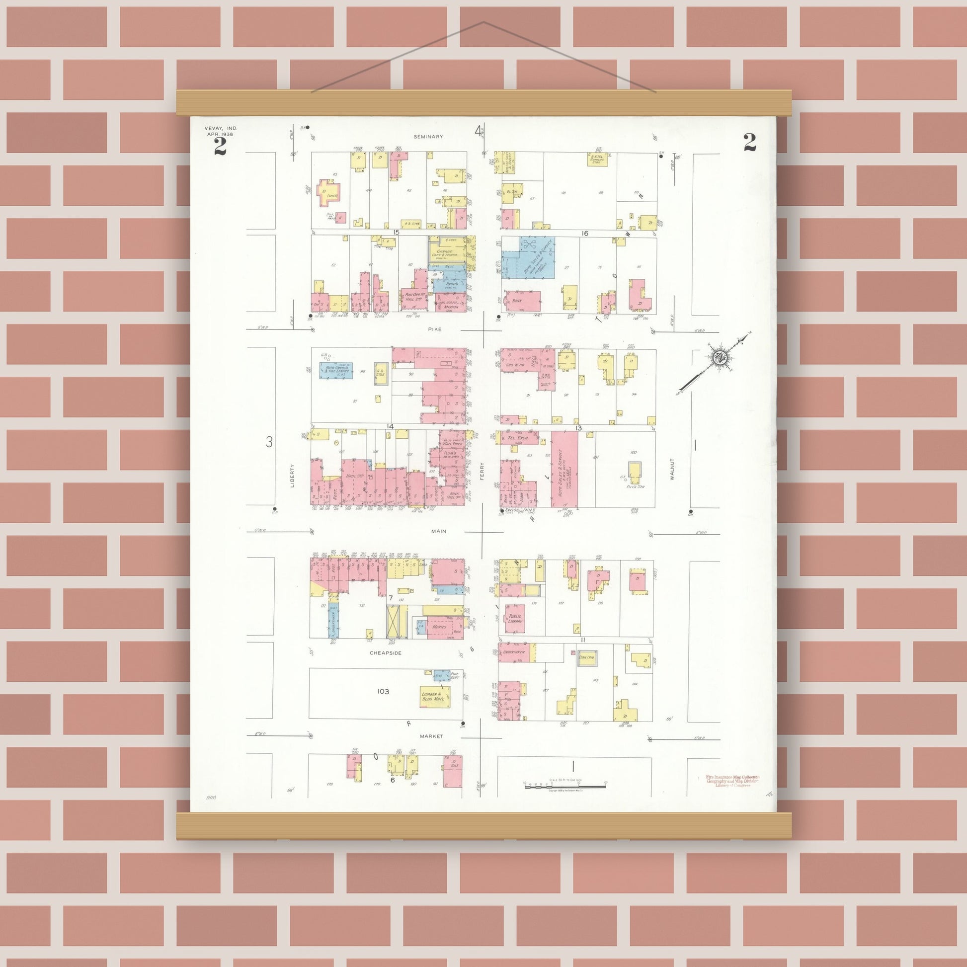 Old map wall art mockup — magnetic wood frame on brick wall — Sanborn Fire Insurance Map from Vevay, Switzerland County, Indiana (1938), Sheet #0002