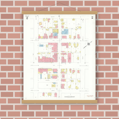Old map wall art mockup — magnetic wood frame on brick wall — Sanborn Fire Insurance Map from Vevay, Switzerland County, Indiana (1938), Sheet #0002