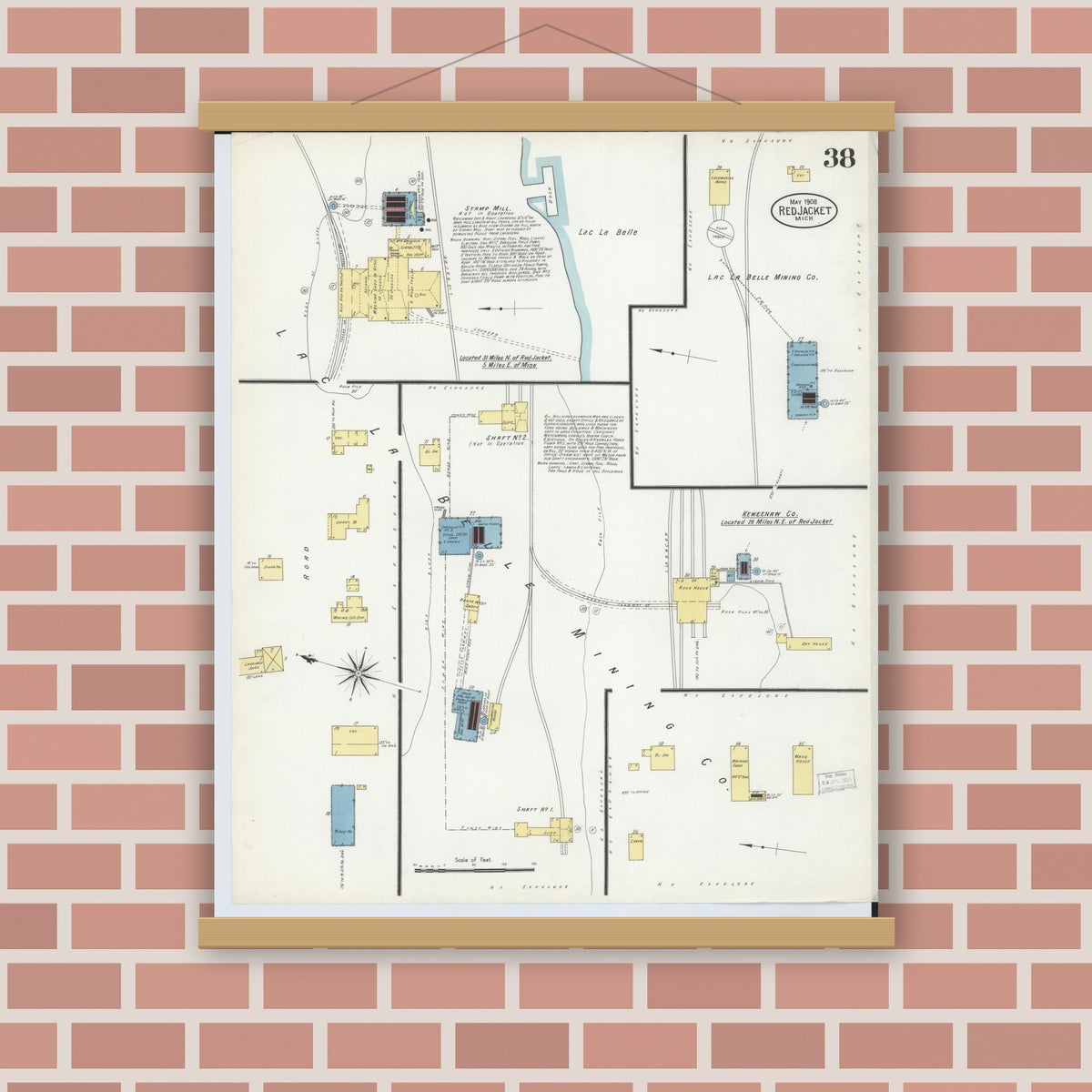 Old map wall art mockup — magnetic wood frame on brick wall — Sanborn Fire Insurance Map from Red Jacket, Houghton County, Michigan (1908), Sheet #0038