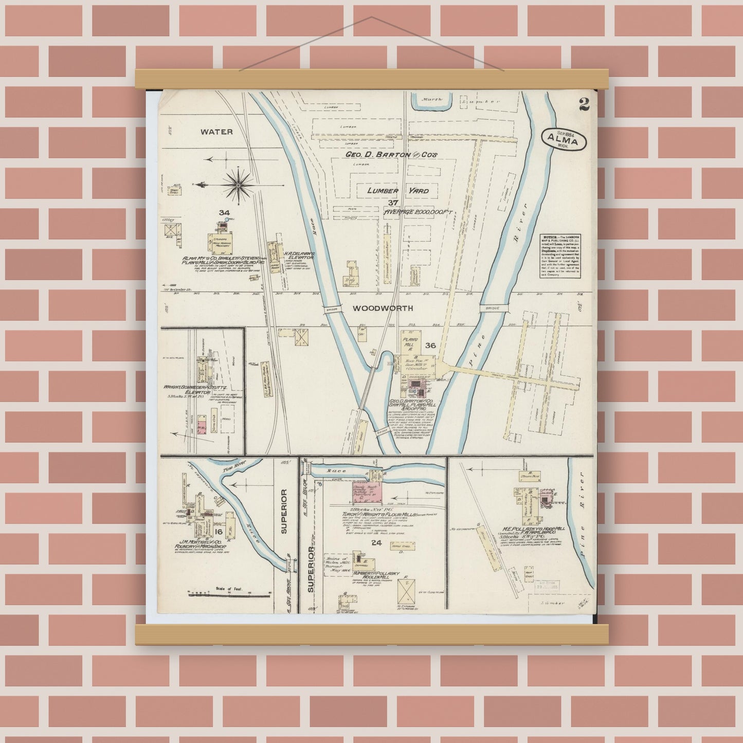 Old map wall art mockup — magnetic wood frame on brick wall — Sanborn Fire Insurance Map from Alma, Gratiot County, Michigan (1884), Sheet #0002