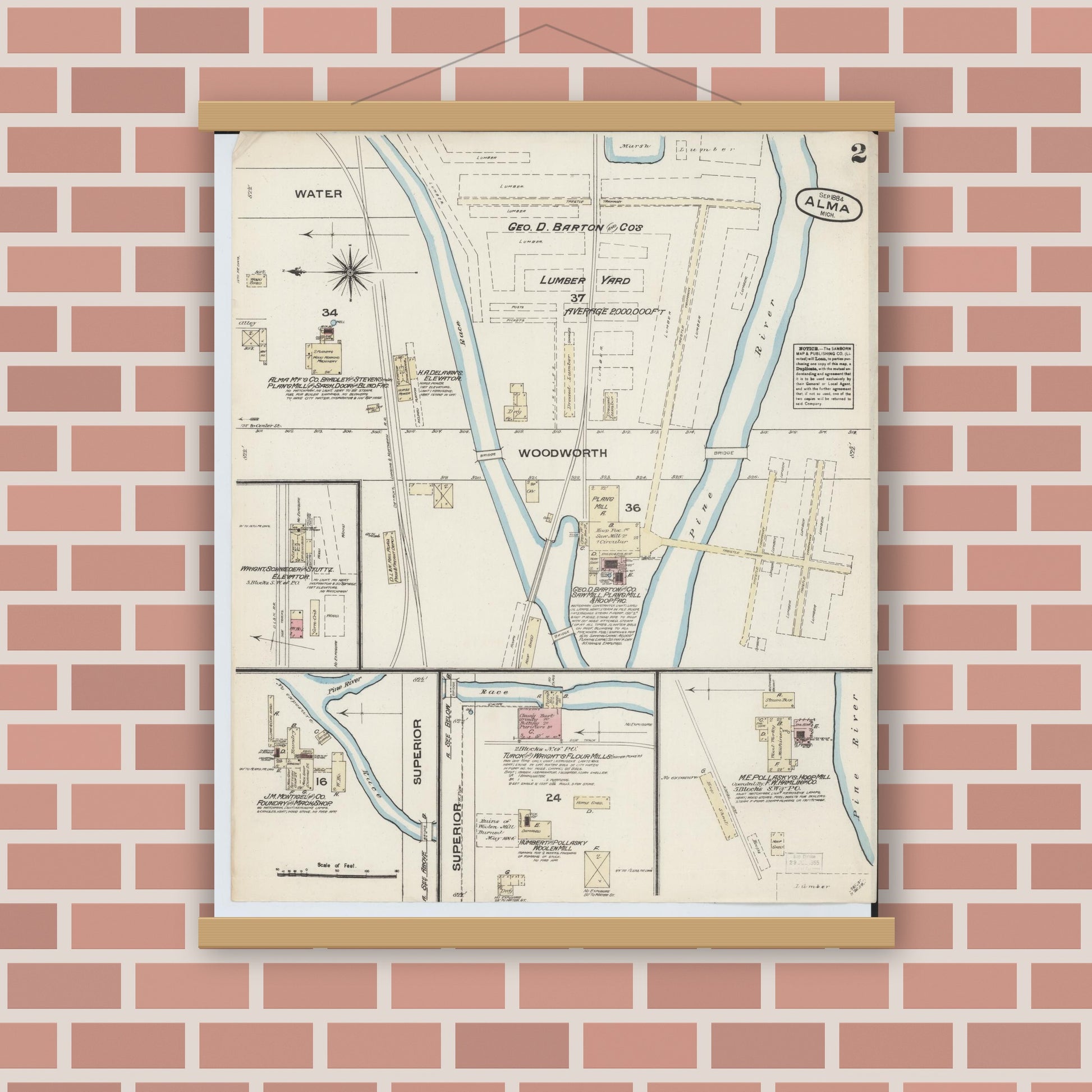 Old map wall art mockup — magnetic wood frame on brick wall — Sanborn Fire Insurance Map from Alma, Gratiot County, Michigan (1884), Sheet #0002