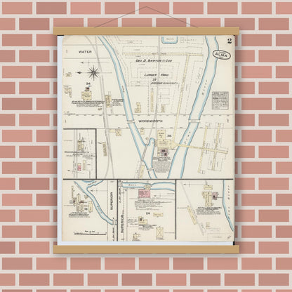Old map wall art mockup — magnetic wood frame on brick wall — Sanborn Fire Insurance Map from Alma, Gratiot County, Michigan (1884), Sheet #0002