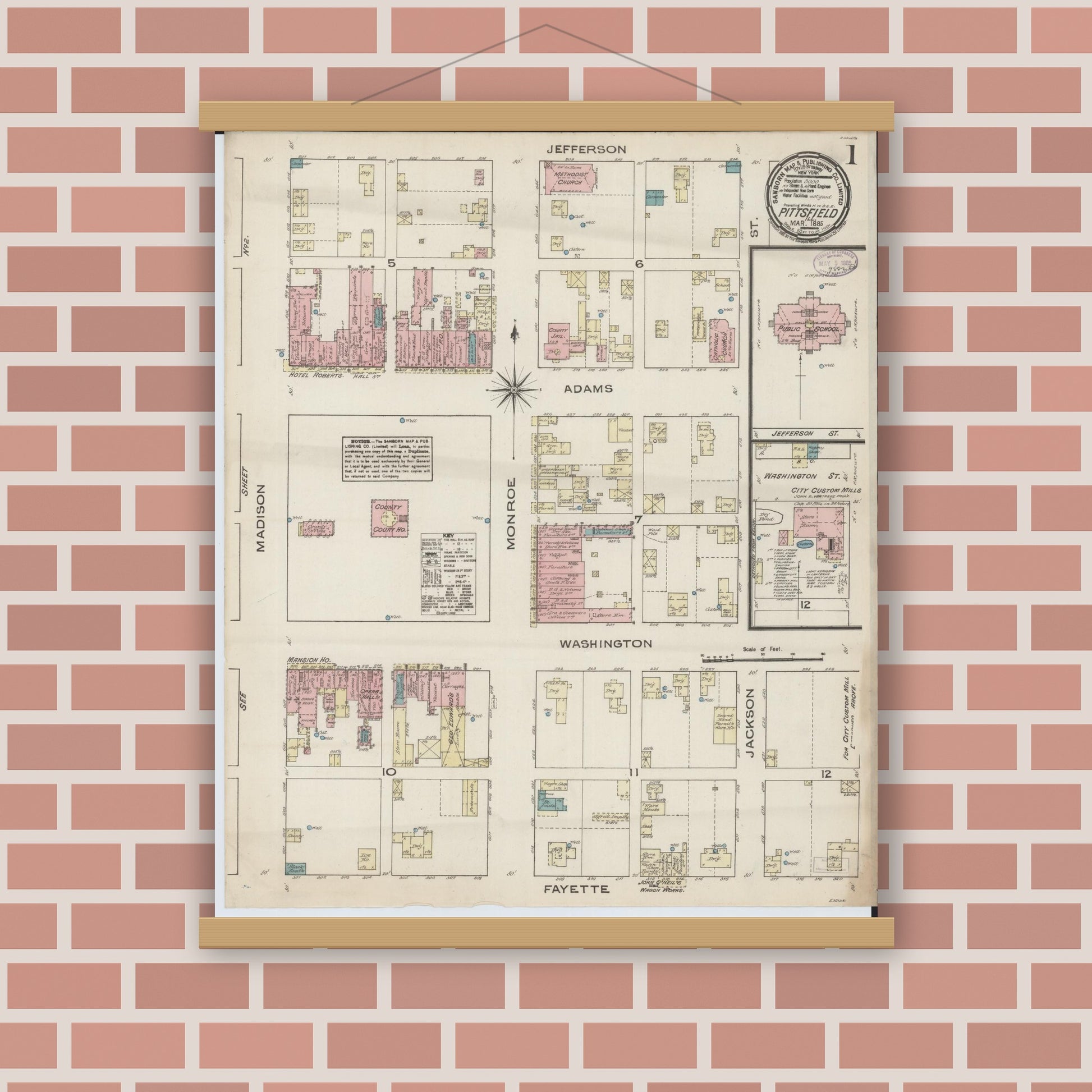 Old map wall art mockup — magnetic wood frame on brick wall — Sanborn Fire Insurance Map from Pittsfield, Pike County, Illinois (1885) - Complete Map Set