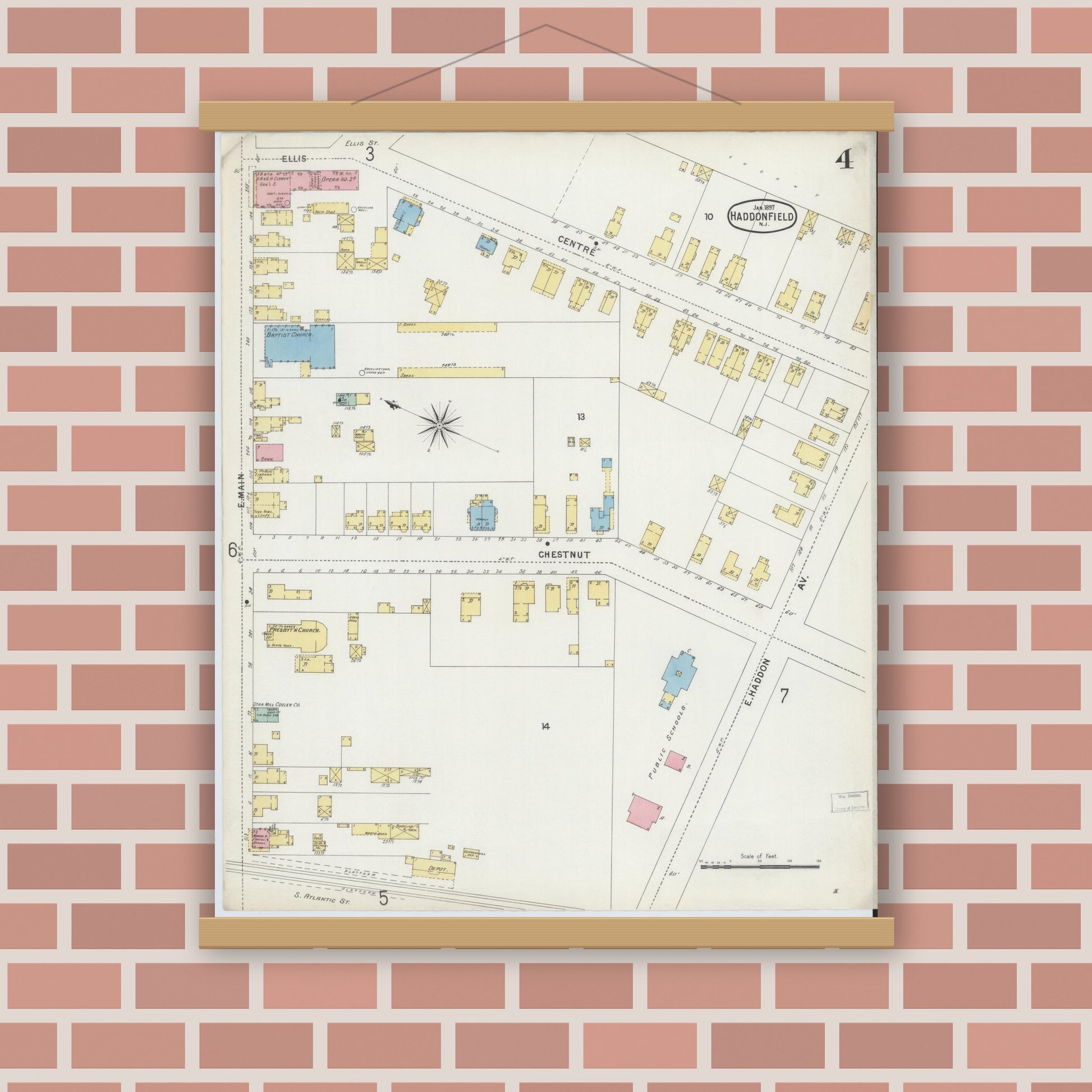 Old map wall art mockup — magnetic wood frame on brick wall — Sanborn Fire Insurance Map from Haddonfield, Camden County, New Jersey (1897), Sheet #0004