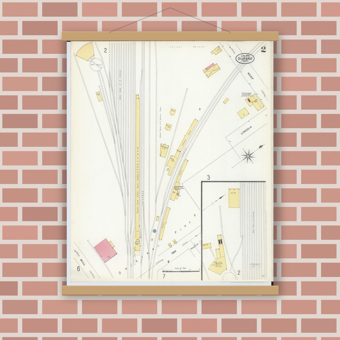 Old map wall art mockup — magnetic wood frame on brick wall — Sanborn Fire Insurance Map from Durand, Shiawassee County, Michigan (1908), Sheet #0002
