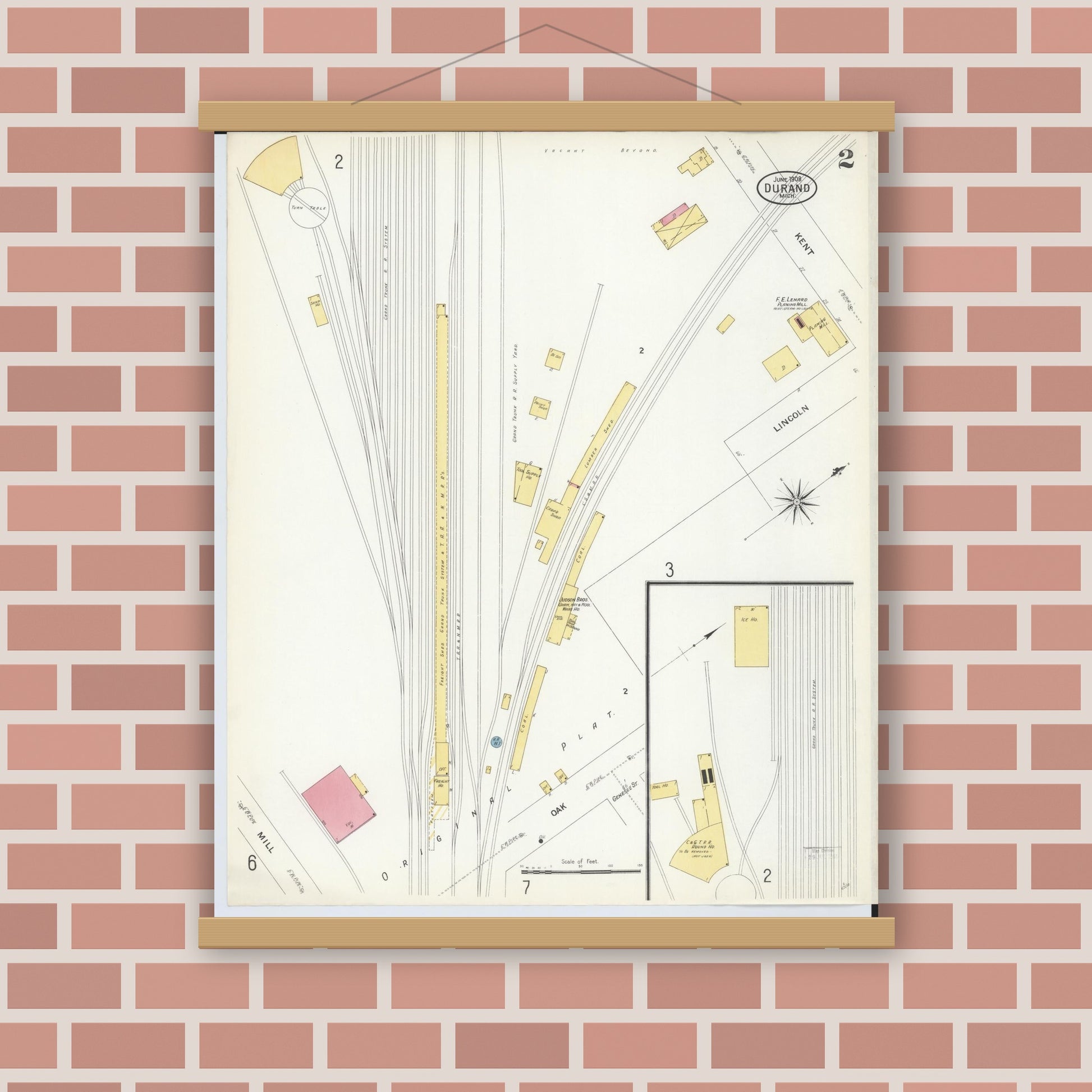 Old map wall art mockup — magnetic wood frame on brick wall — Sanborn Fire Insurance Map from Durand, Shiawassee County, Michigan (1908), Sheet #0002