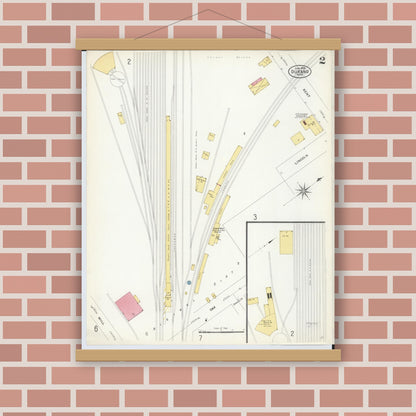 Old map wall art mockup — magnetic wood frame on brick wall — Sanborn Fire Insurance Map from Durand, Shiawassee County, Michigan (1908), Sheet #0002