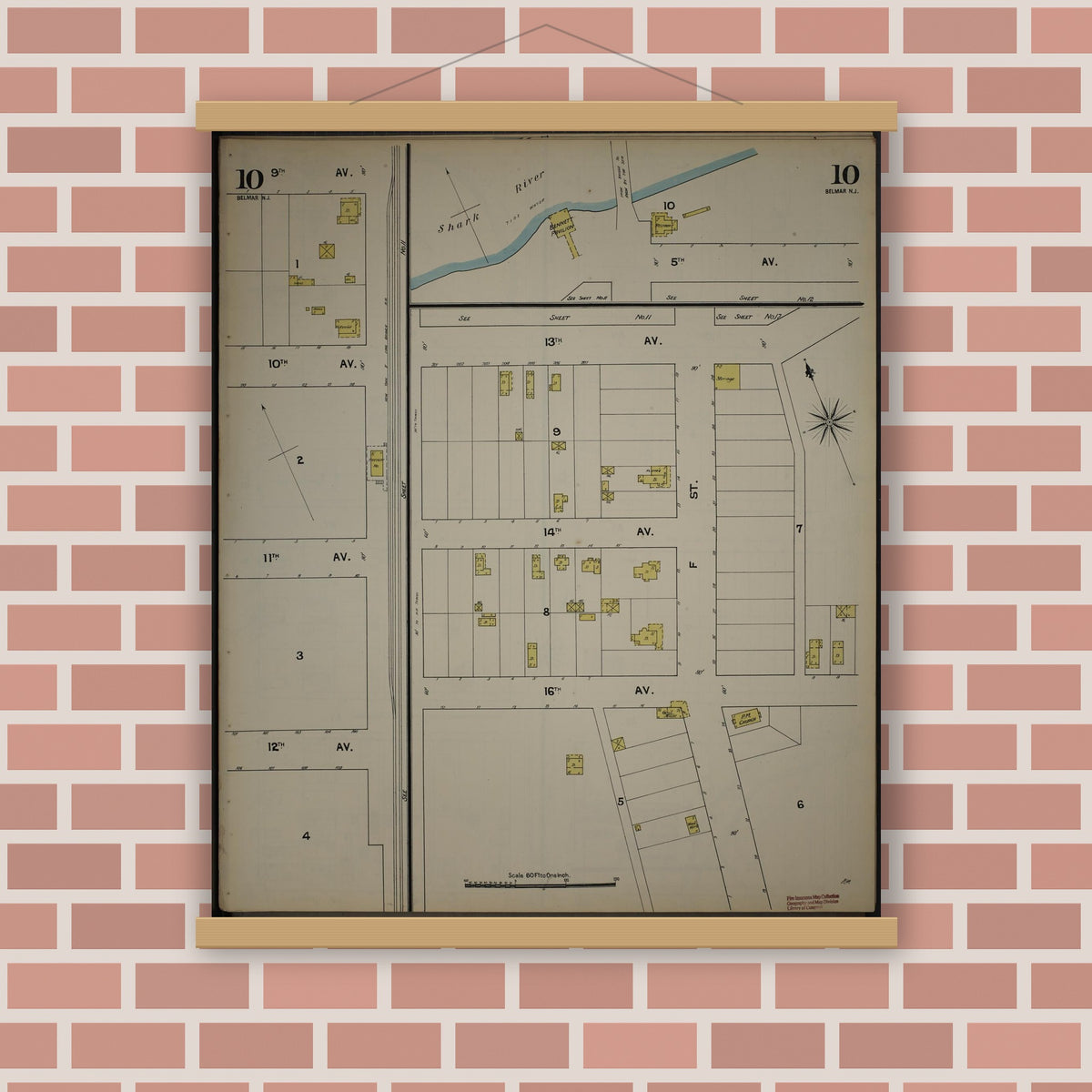 Old map wall art mockup — magnetic wood frame on brick wall — Sanborn Fire Insurance Map from New Jersey Coast, New Jersey Coast, New Jersey (1890), Sheet #0010