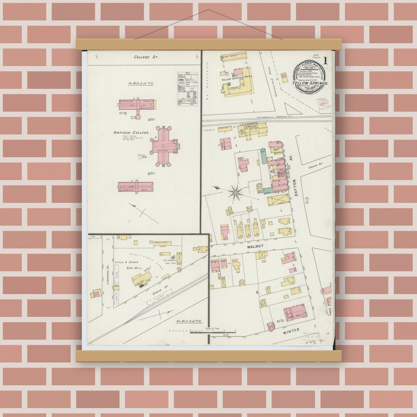 Old map wall art mockup — magnetic wood frame on brick wall — Sanborn Fire Insurance Map from Yellow Springs, Greene County, Ohio (1895), Sheet #0001