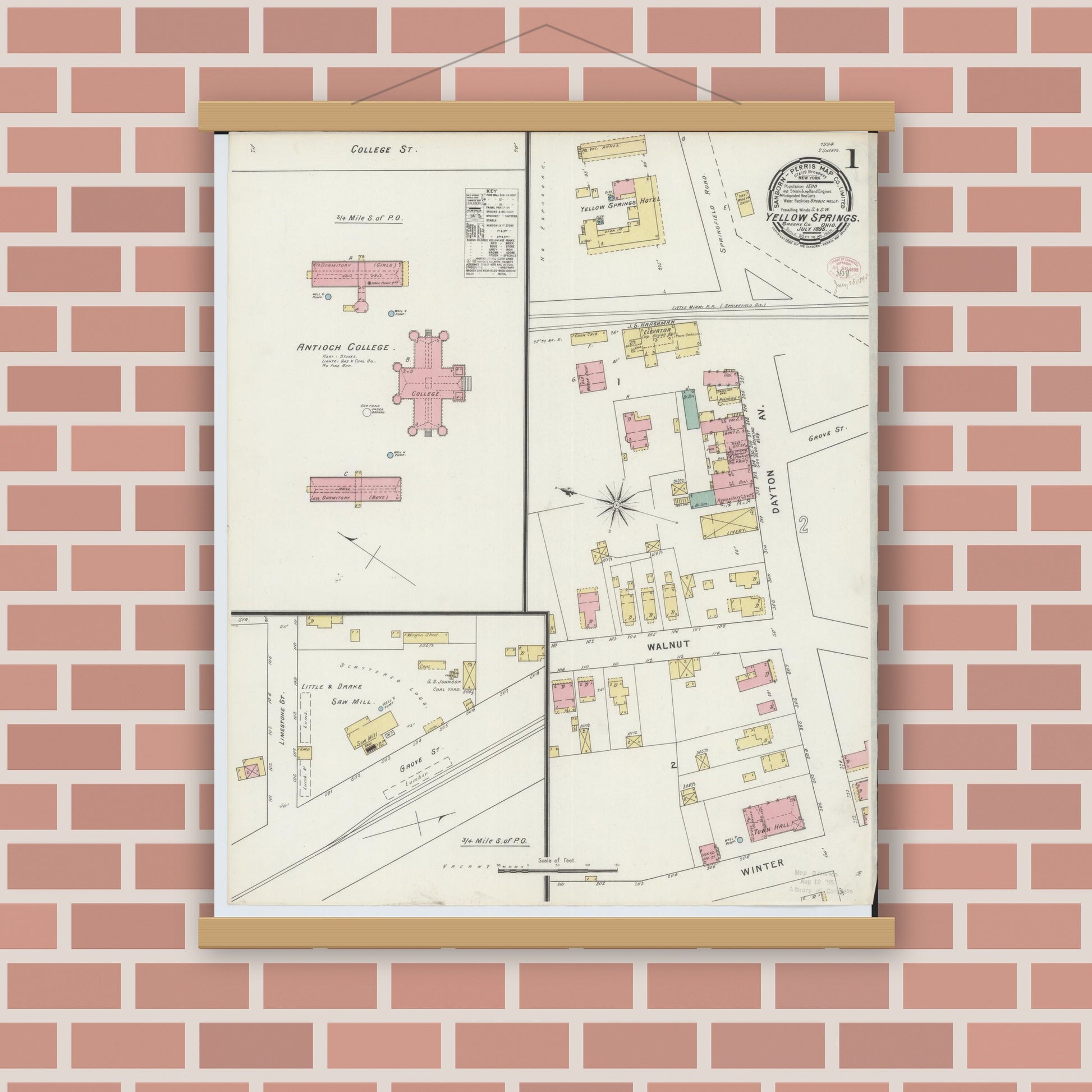 Old map wall art mockup — magnetic wood frame on brick wall — Sanborn Fire Insurance Map from Yellow Springs, Greene County, Ohio (1895), Sheet #0001