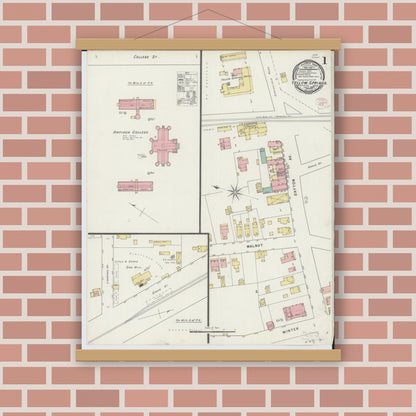 Old map wall art mockup — magnetic wood frame on brick wall — Sanborn Fire Insurance Map from Yellow Springs, Greene County, Ohio (1895), Sheet #0001
