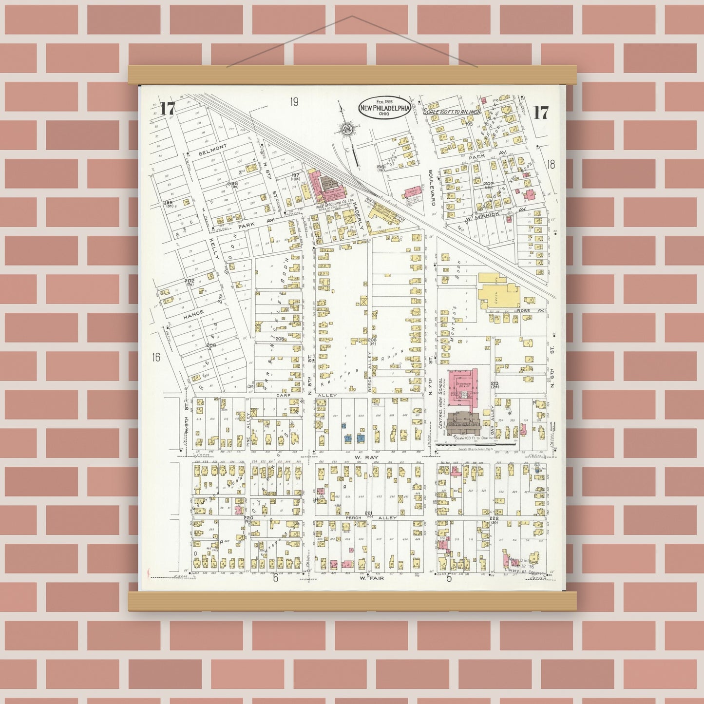 Old map wall art mockup — magnetic wood frame on brick wall — Sanborn Fire Insurance Map from New Philadelphia, Tuscarawas County, Ohio (1926), Sheet #0017
