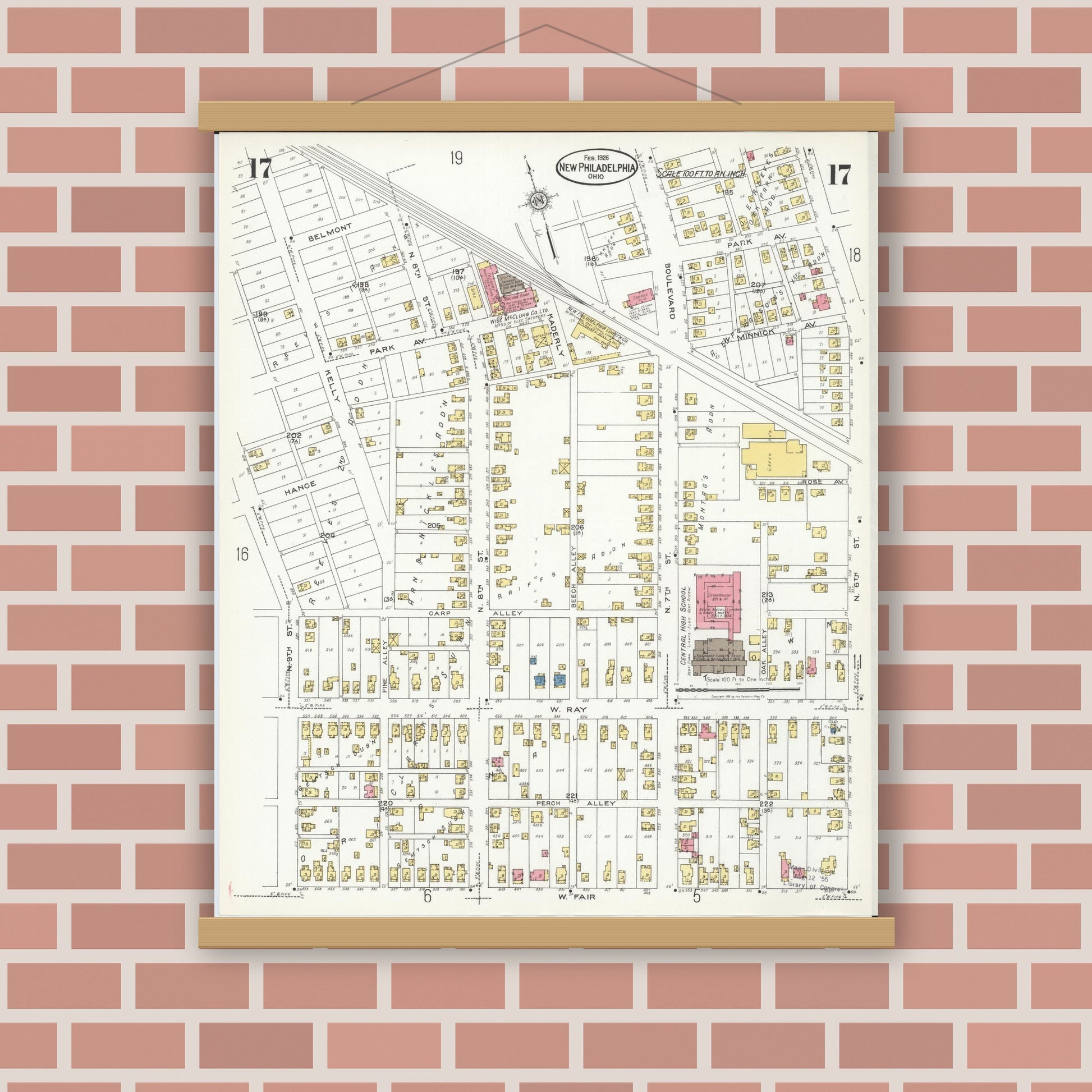 Old map wall art mockup — magnetic wood frame on brick wall — Sanborn Fire Insurance Map from New Philadelphia, Tuscarawas County, Ohio (1926), Sheet #0017