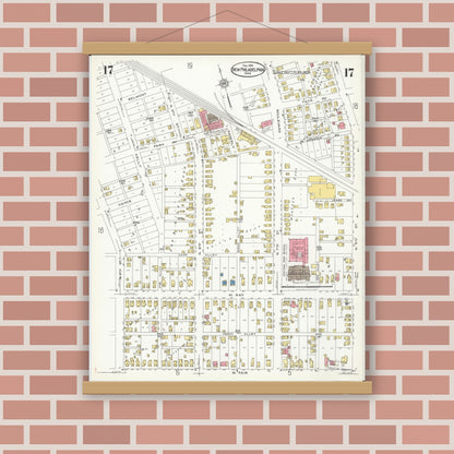 Old map wall art mockup — magnetic wood frame on brick wall — Sanborn Fire Insurance Map from New Philadelphia, Tuscarawas County, Ohio (1926), Sheet #0017