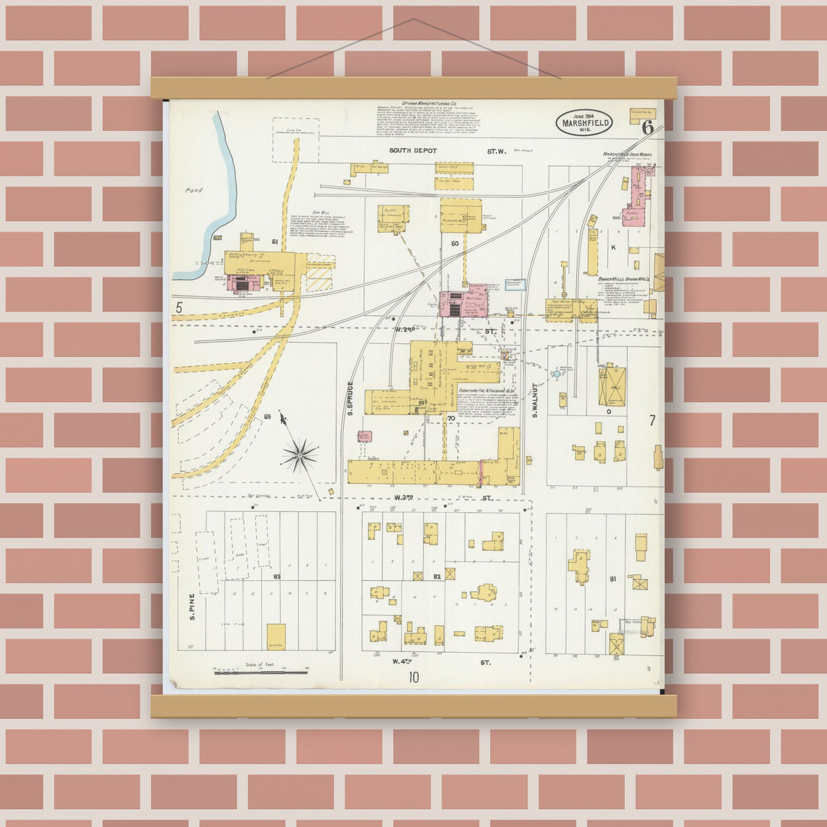 Old map wall art mockup — magnetic wood frame on brick wall — Sanborn Fire Insurance Map from Marshfield, Wood County, Wisconsin (1904), Sheet #0006