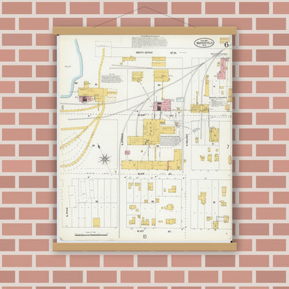 Old map wall art mockup — magnetic wood frame on brick wall — Sanborn Fire Insurance Map from Marshfield, Wood County, Wisconsin (1904), Sheet #0006
