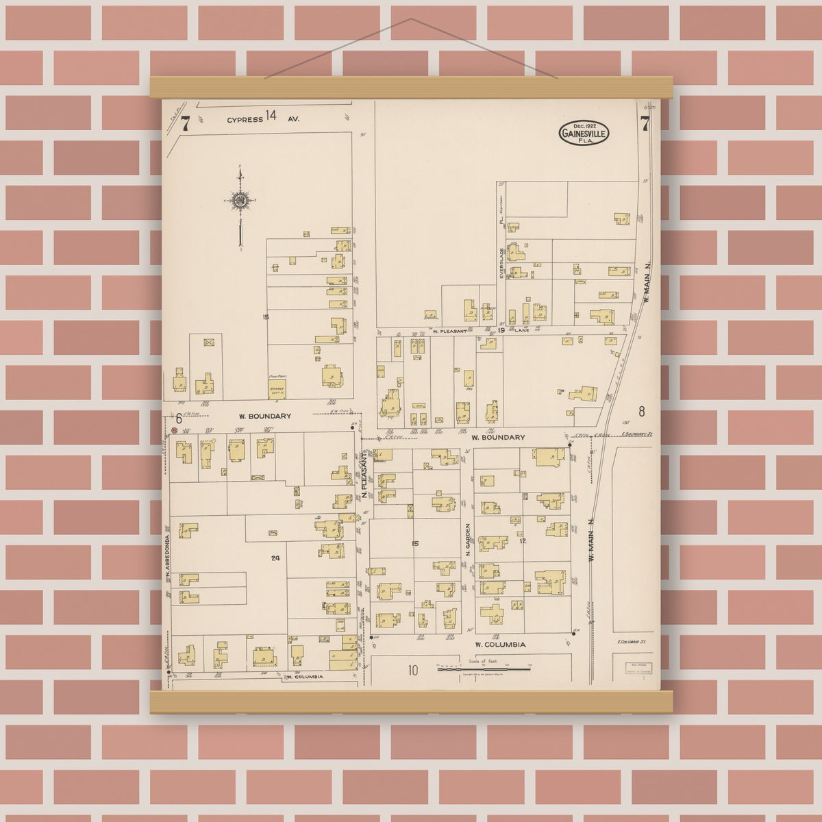 Old map wall art mockup — magnetic wood frame on brick wall — Sanborn Fire Insurance Map from Gainesville, Alachua County, Florida (1922), Sheet #0007