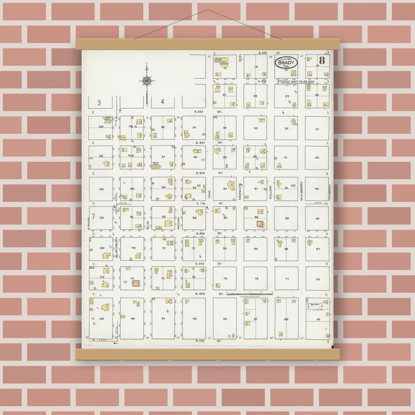 Old map wall art mockup — magnetic wood frame on brick wall — Sanborn Fire Insurance Map from Brady, McCulloch County, Texas (1921), Sheet #0008