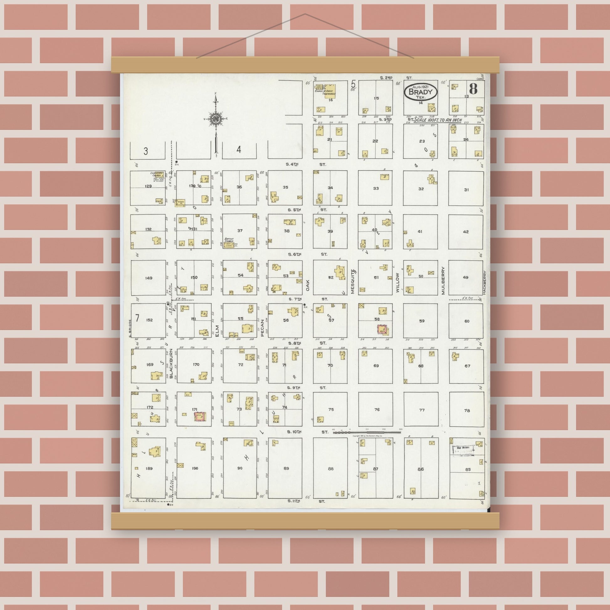 Old map wall art mockup — magnetic wood frame on brick wall — Sanborn Fire Insurance Map from Brady, McCulloch County, Texas (1921), Sheet #0008