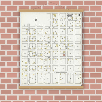 Old map wall art mockup — magnetic wood frame on brick wall — Sanborn Fire Insurance Map from Brady, McCulloch County, Texas (1921), Sheet #0008