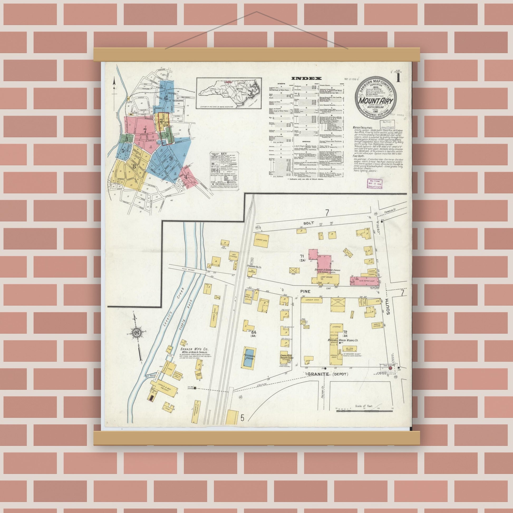 Old map wall art mockup — magnetic wood frame on brick wall — Sanborn Fire Insurance Map from Mount Airy, Surry County, North Carolina (1916), Sheet #0001