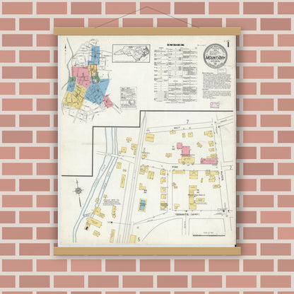 Old map wall art mockup — magnetic wood frame on brick wall — Sanborn Fire Insurance Map from Mount Airy, Surry County, North Carolina (1916), Sheet #0001